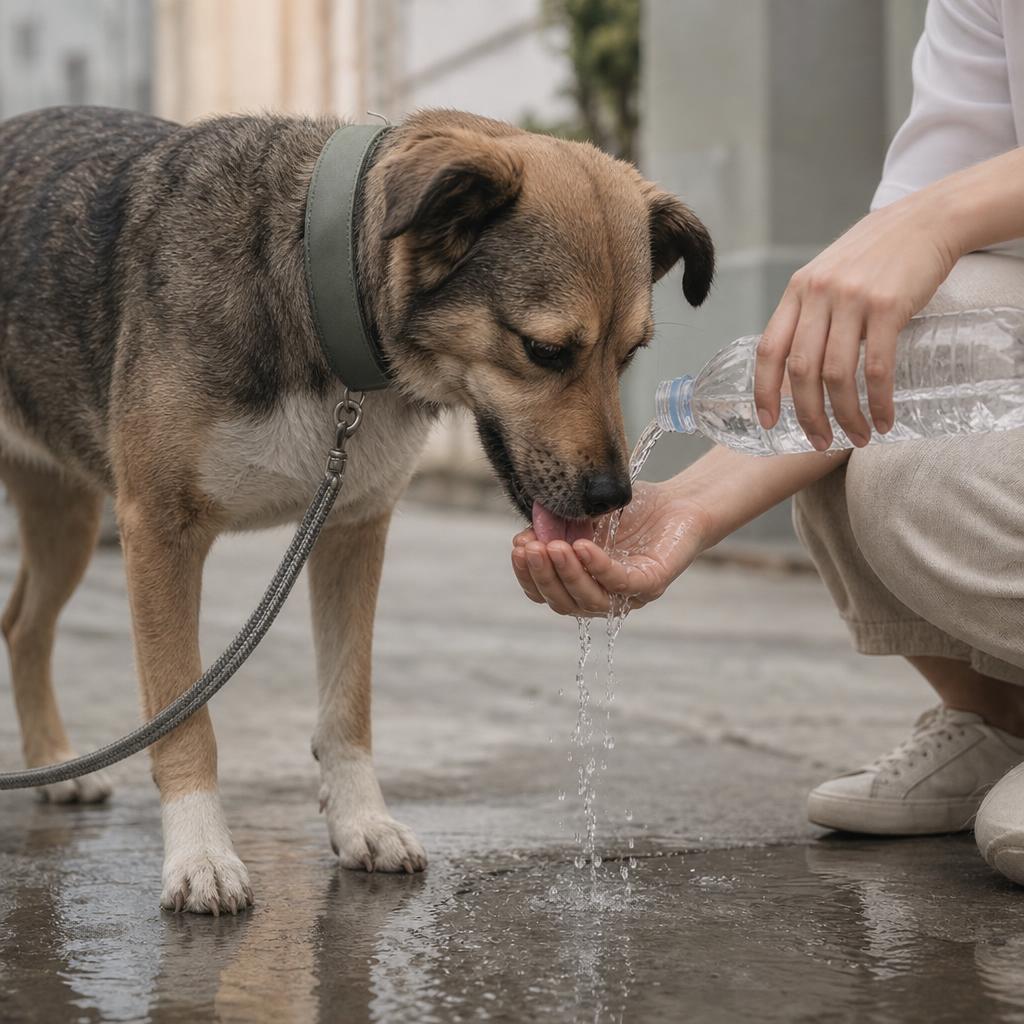 Agua derramada al dar de beber a un perro con la mano